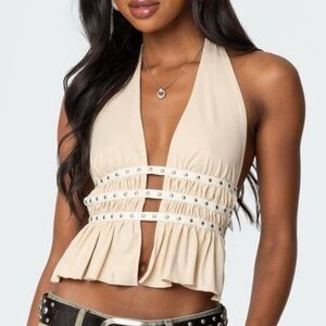 Edikted Cream Halter Grommet Crop Top